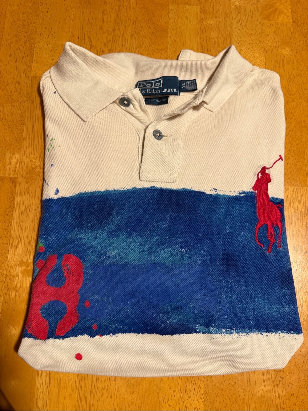 Vintage Polo Ralph Lauren Polo Shirt Mens L Beige Big Pony Paint Splatter